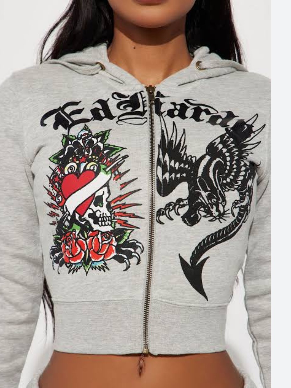 Ed Hardy Gray Cropped Zip Hoodie with Skull, Heart & Dragon Graphics